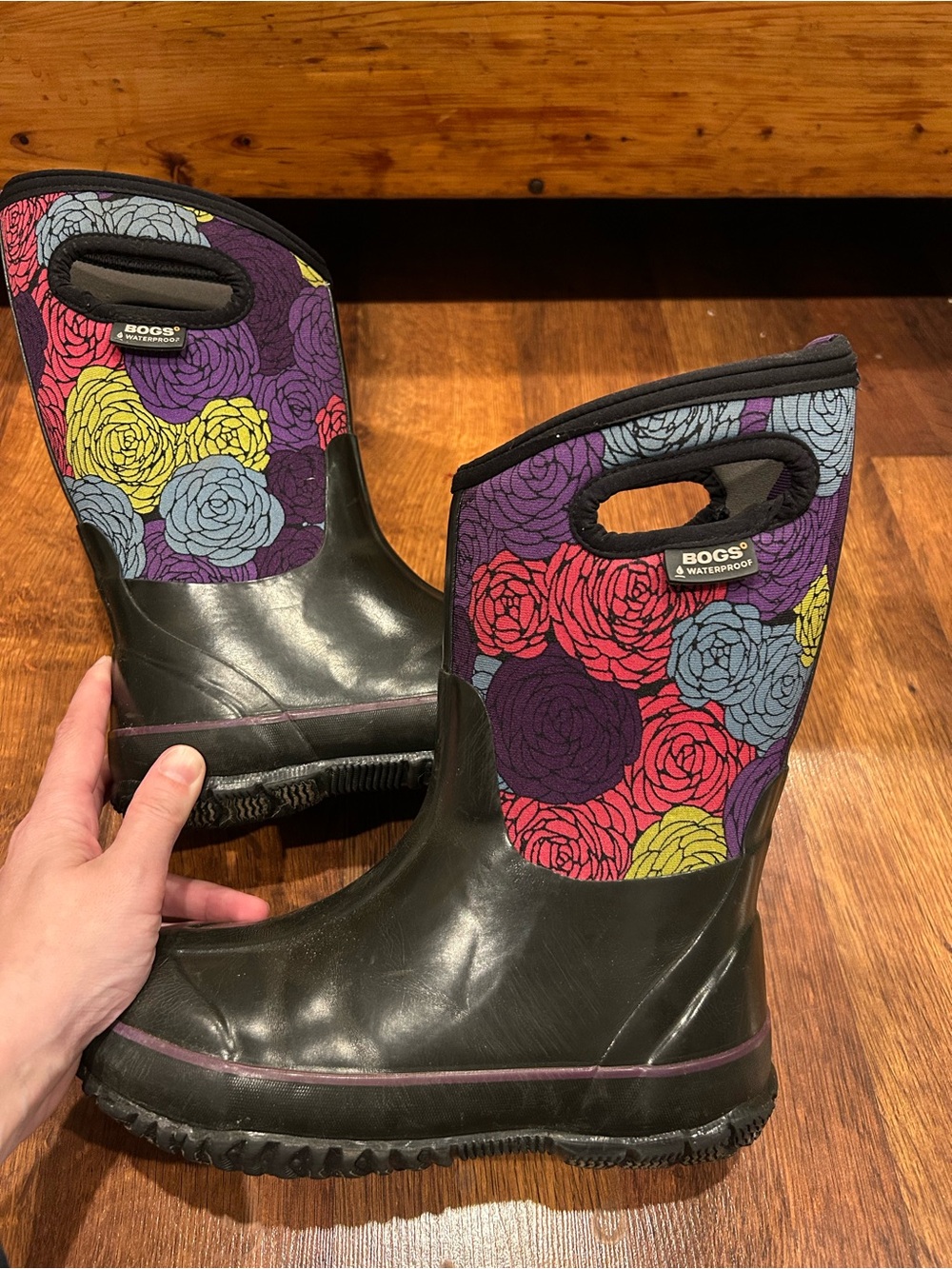 Bogs Classic Rosey Waterproof Floral Youth Rain Boots US 3 EU 35 Black Purple